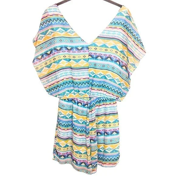 FRANCESCA'S COLLECTIONS BLUE YELLOW AND PINK BOHEMIAN GEO PRINT ROMPER - Picture 2 of 3